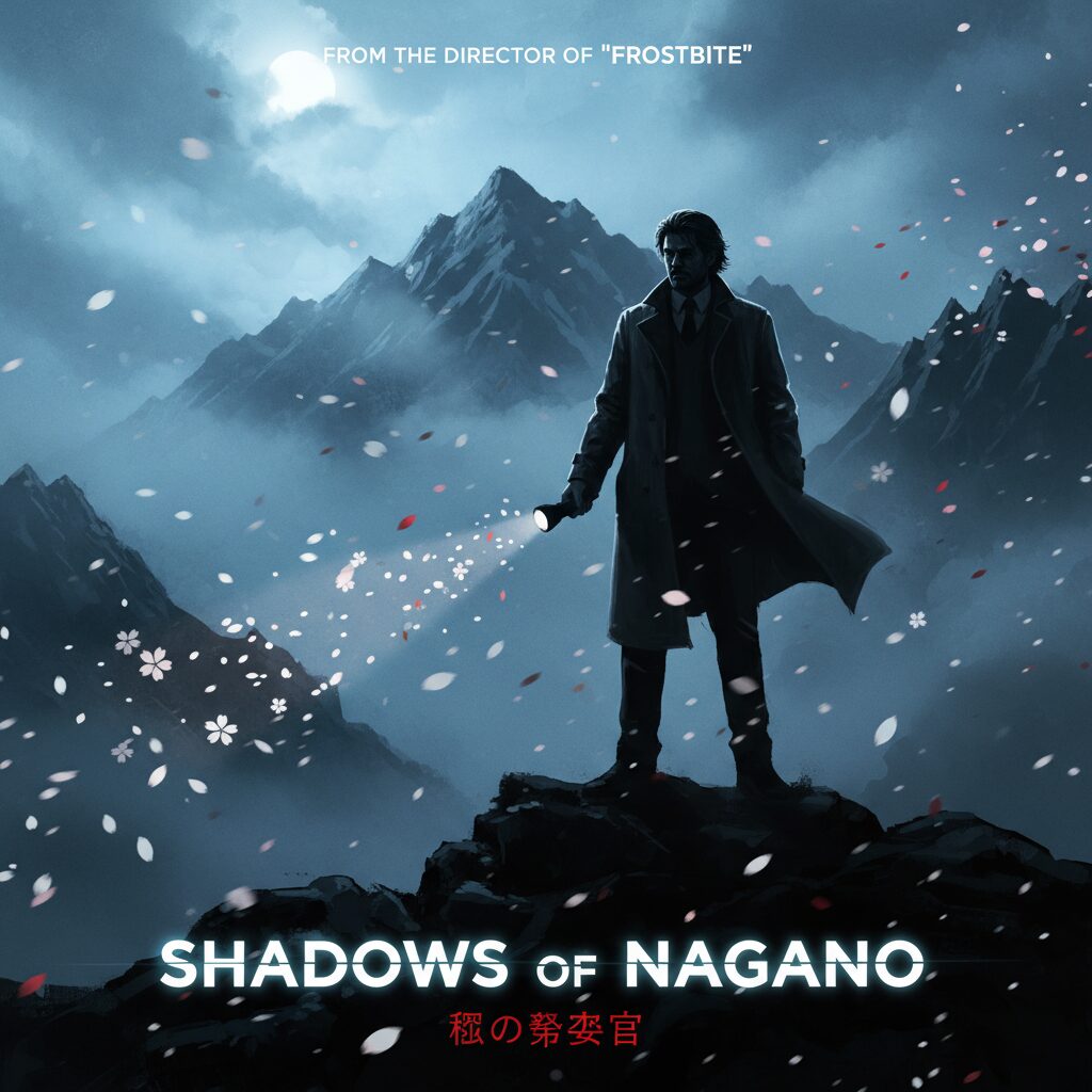 劇場版名探偵コナン 隻眼の残像をイメージしたミステリアスな長野の風景と探偵のシルエットのイラスト