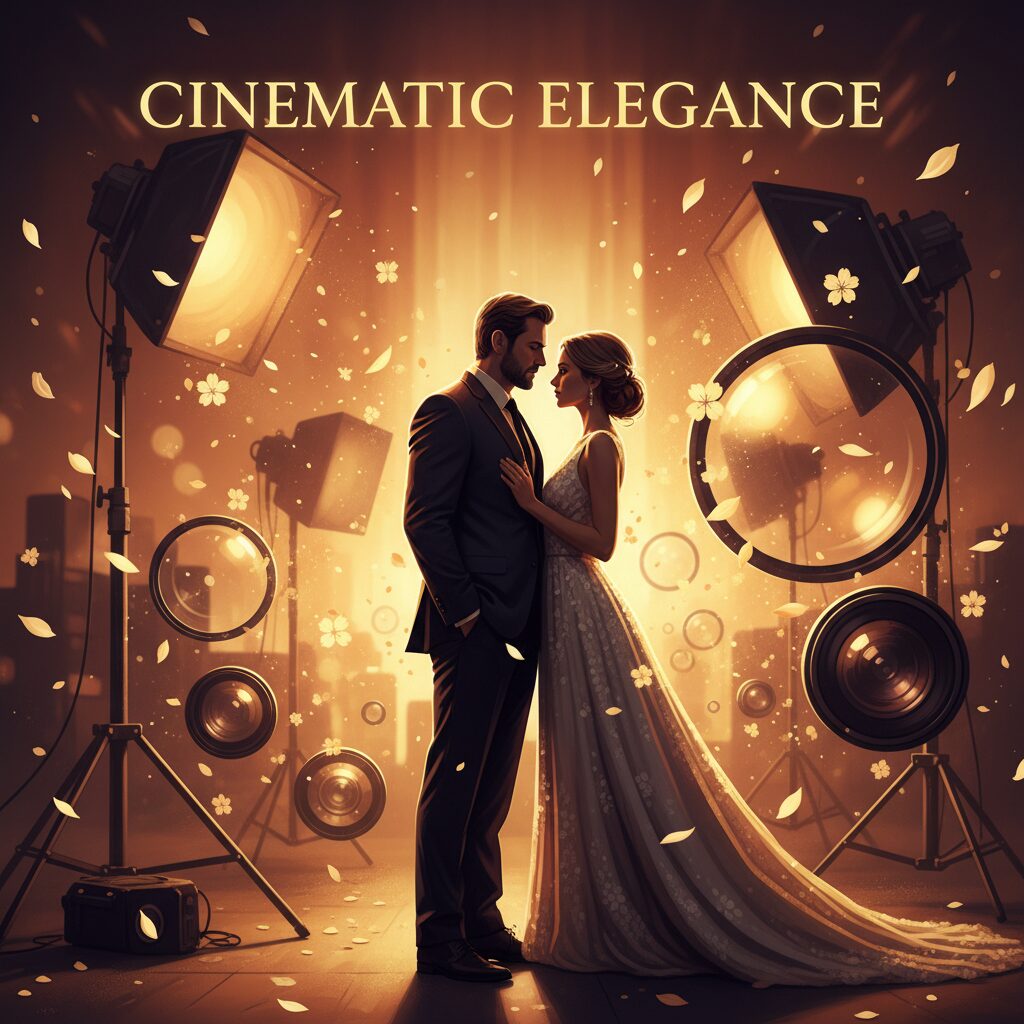 映画セットのような背景に立つ男女のシルエット、俳優夫婦の絆を象徴するイメージ