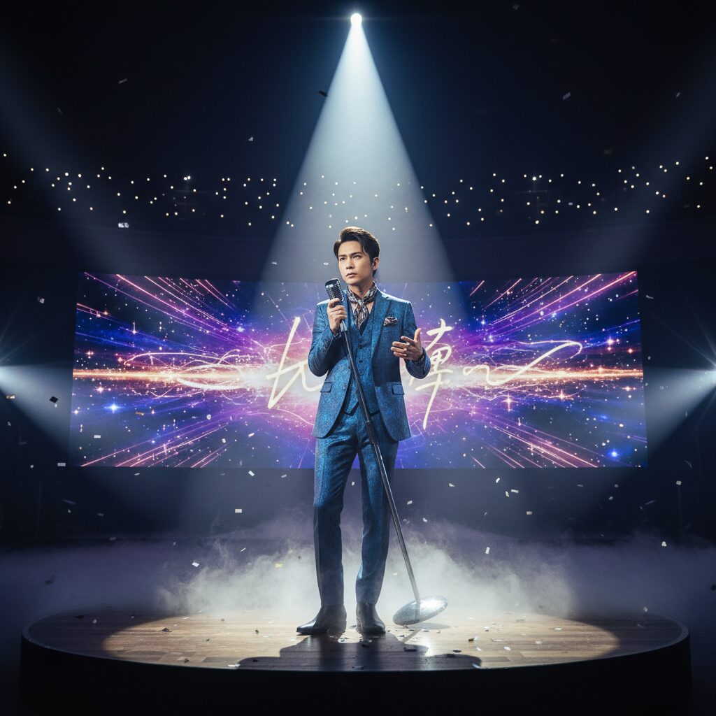 舞台上でマイクを持つ木本慎之介さんをイメージした画像