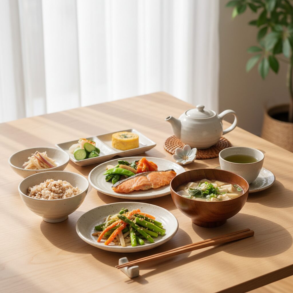 Smiling woman in her 40s enjoying a healthy meal in a cozy bright room
