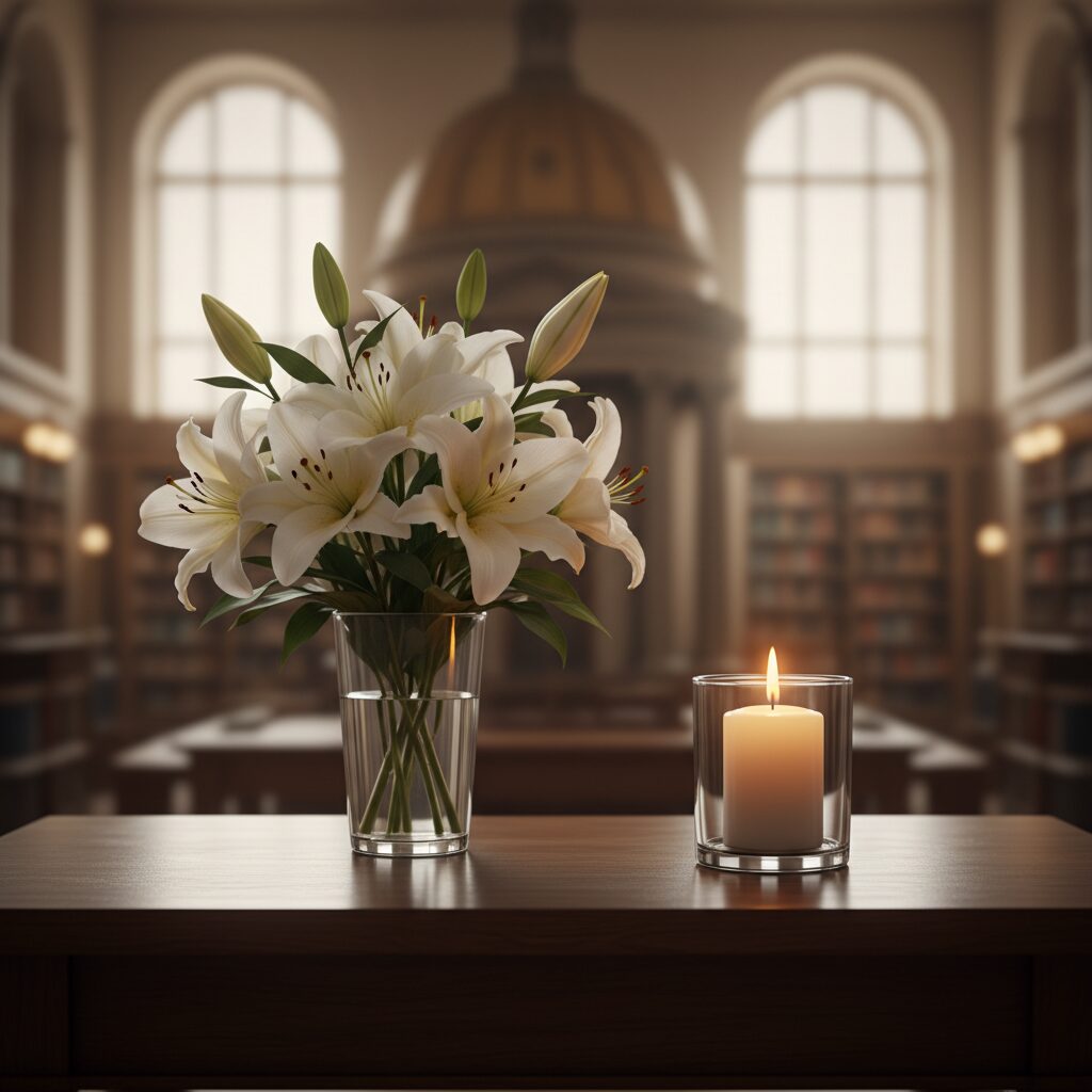 元衆議院議員・道休誠一郎氏を偲ぶ、静謐で敬意の込もった追悼のイメージ画像。白百合とキャンドルが添えられている。