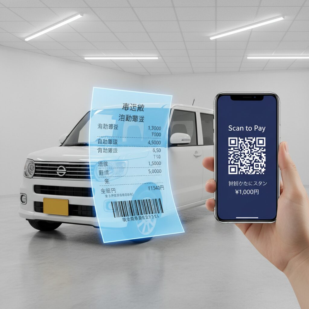 Japanese light car (Kei car) and a tax notice document with a smartphone showing payment confirmation.