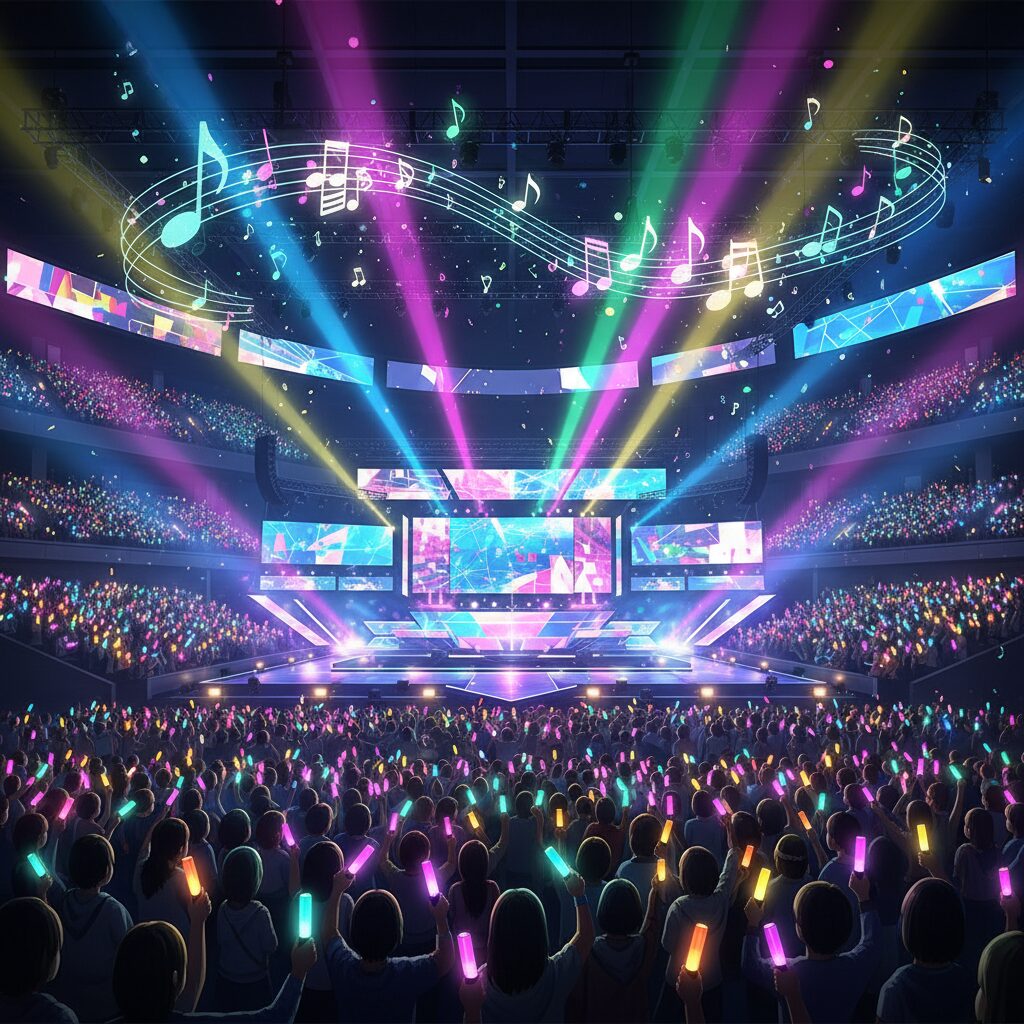 Liella!のちゅーとりえらいぶ!!のイメージ。華やかなステージと光り輝くペンライトの海が広がるライブ会場の風景。