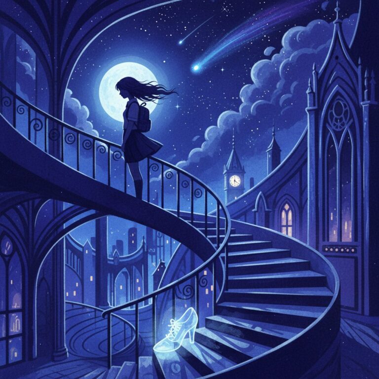 夜のバルコニーとガラスの靴が描かれた、ロミオとシンデレラをイメージした幻想的なイラスト