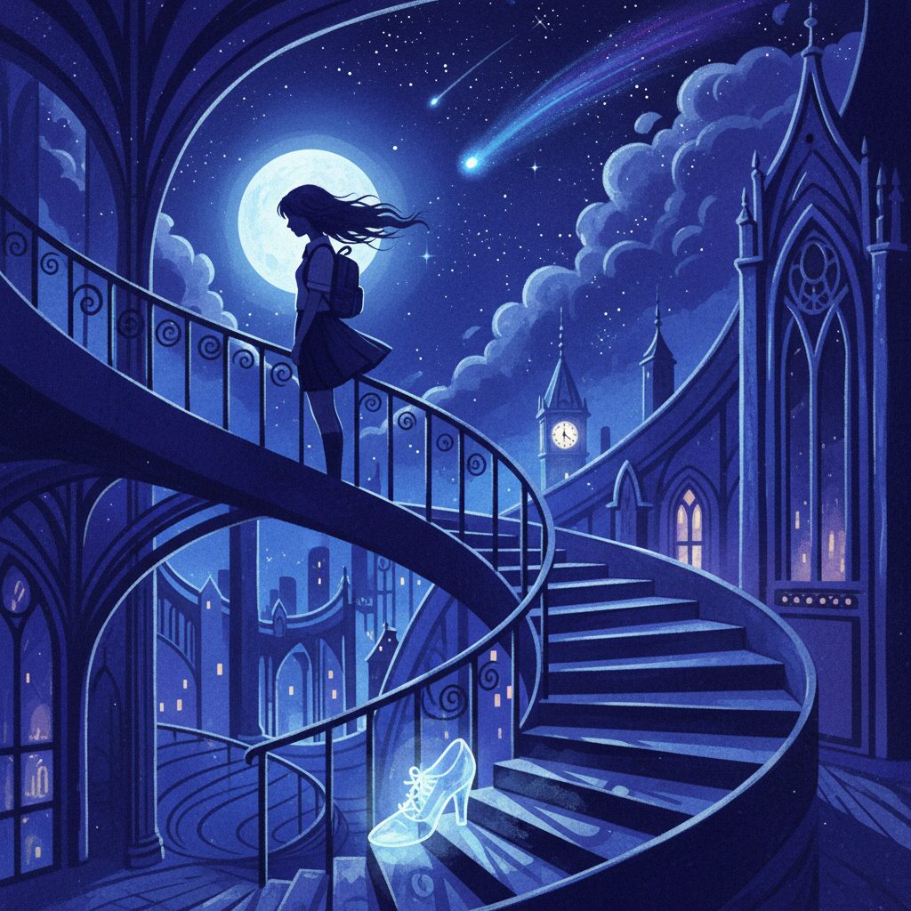 夜のバルコニーとガラスの靴が描かれた、ロミオとシンデレラをイメージした幻想的なイラスト