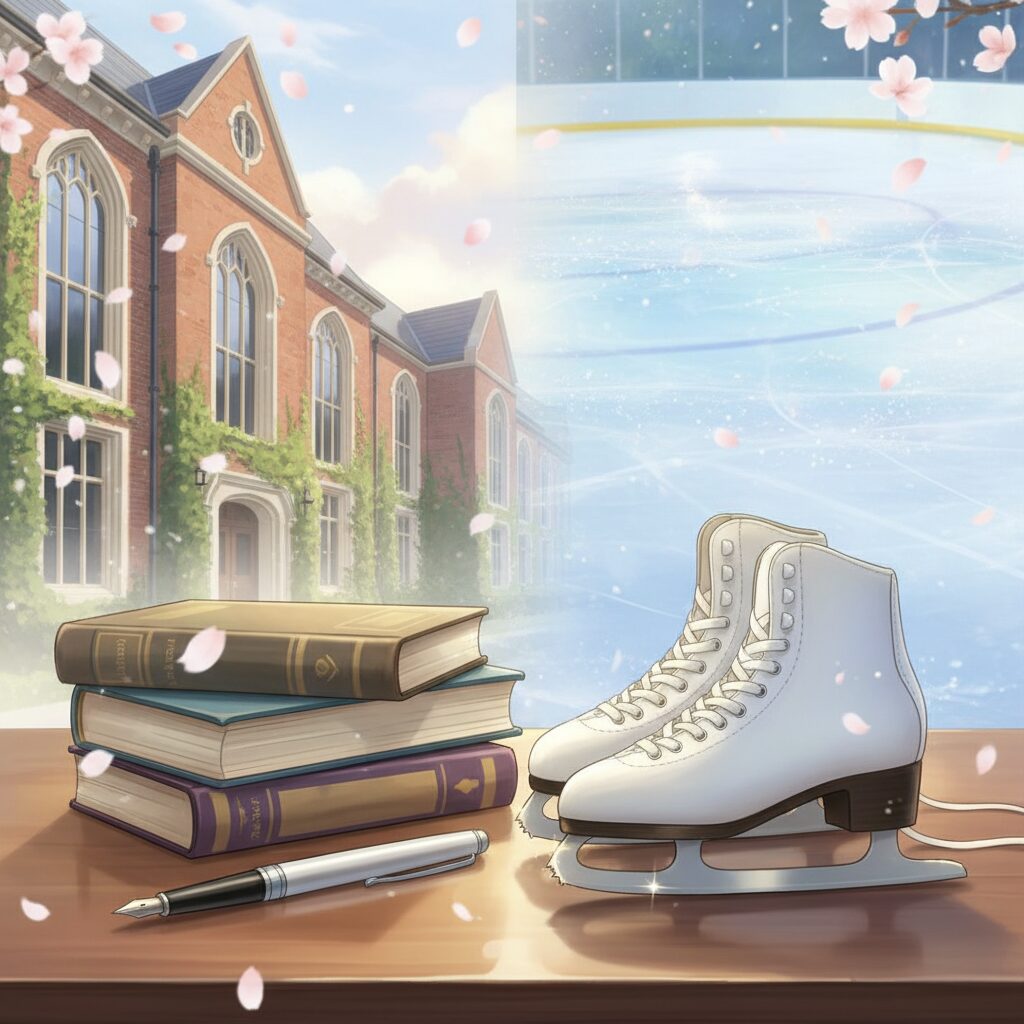 大学のキャンパスとフィギュアスケートのリンクが融合した幻想的なイメージ