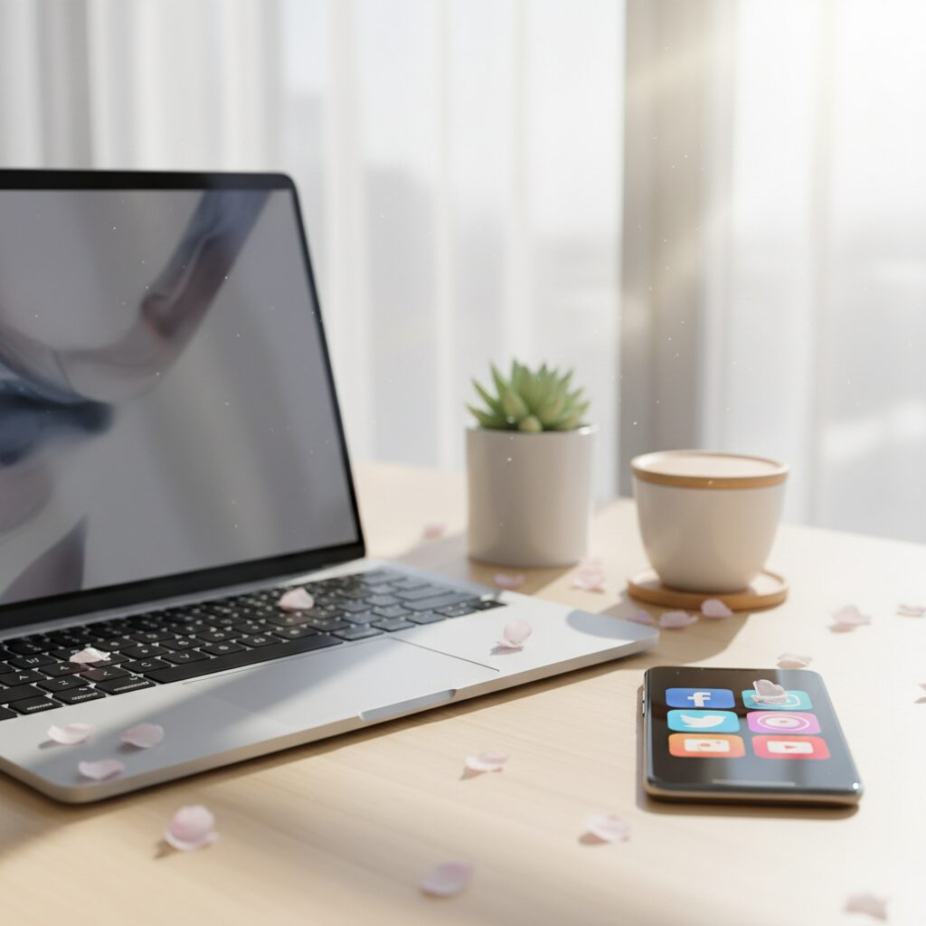 ノートパソコンと桜の花びら、スマートフォンが置かれた清潔感のあるデスク。SNSの噂を調査するイメージ。