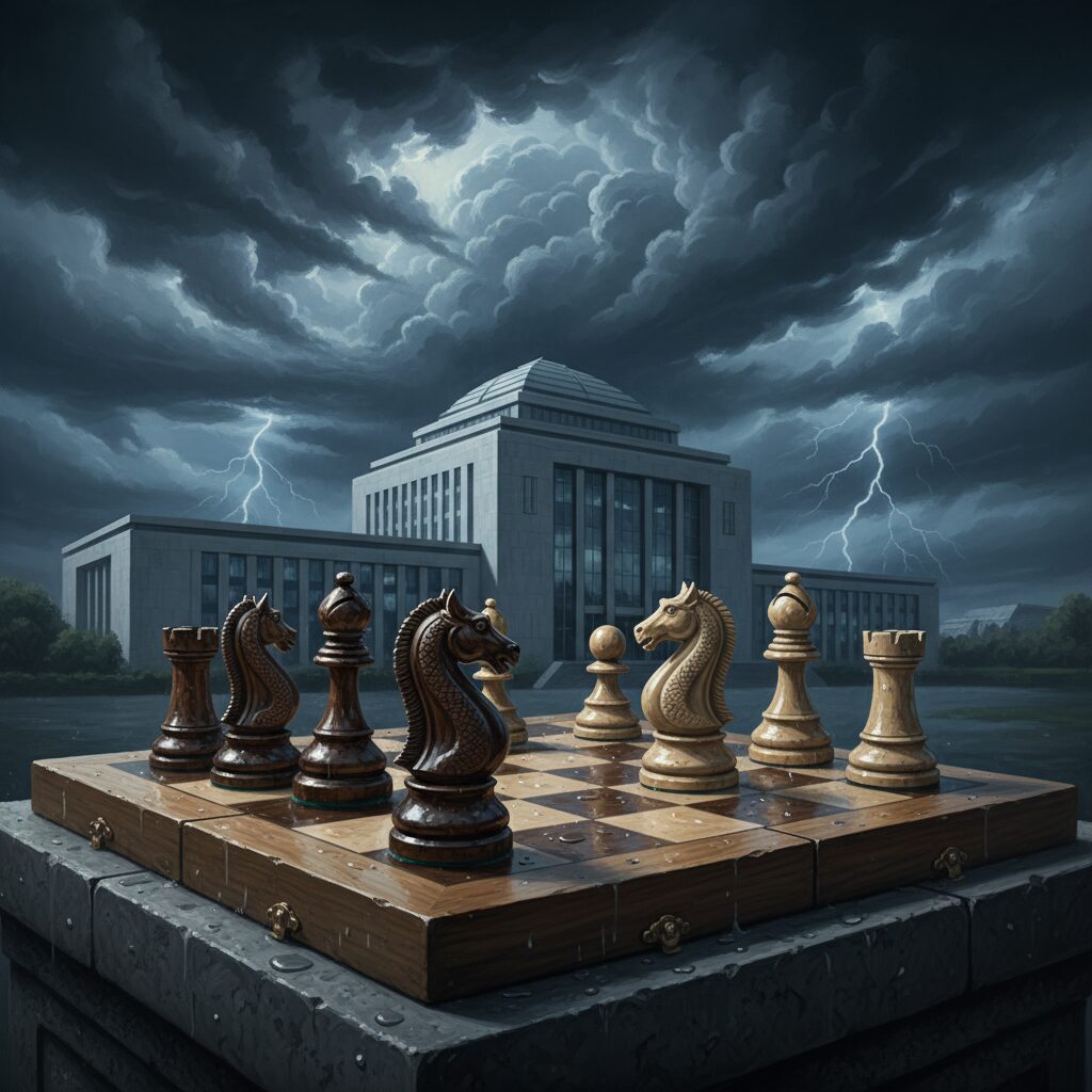 高市首相の台湾有事答弁を巡る緊張感漂う議会とチェス盤のイメージ