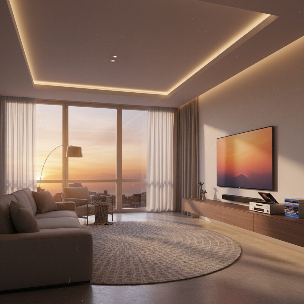 夕暮れ時のリビングルームに置かれたブルーレイレコーダーと、窓から差し込むノスタルジックな光