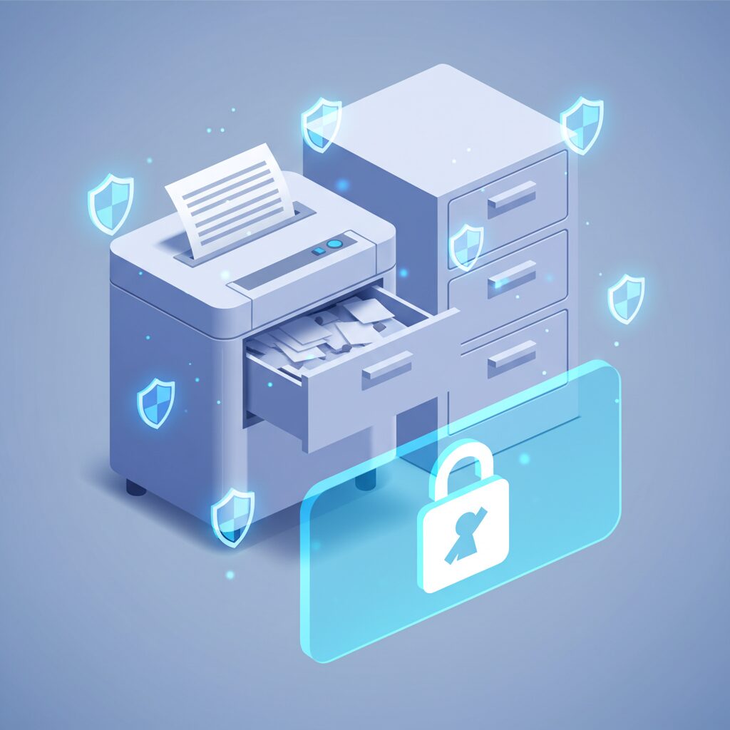 重要書類の廃棄と管理をイメージしたグラフィック。シュレッダーと保護された文書のアイコン。