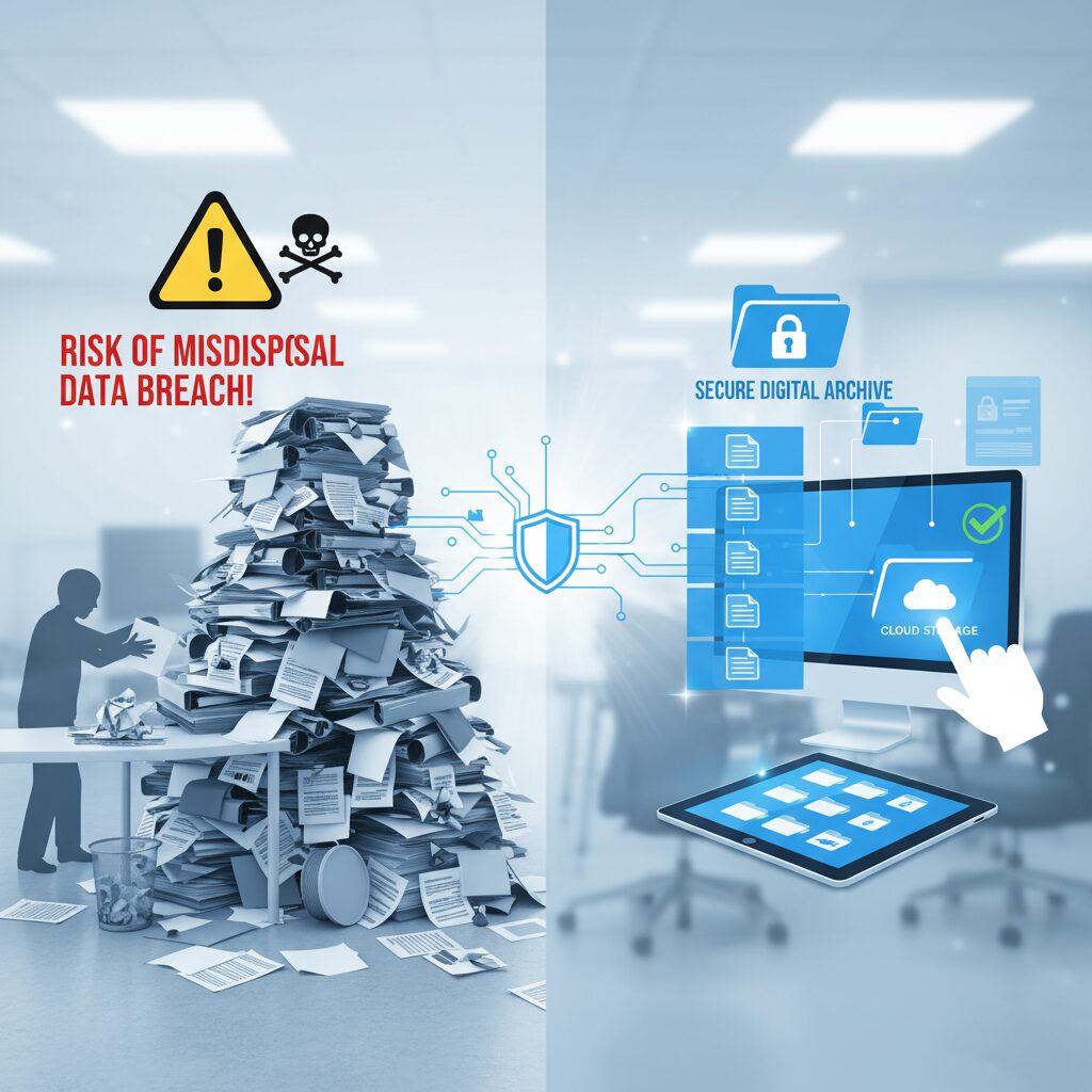 書類管理のミスと整理された文書管理の対比イメージ