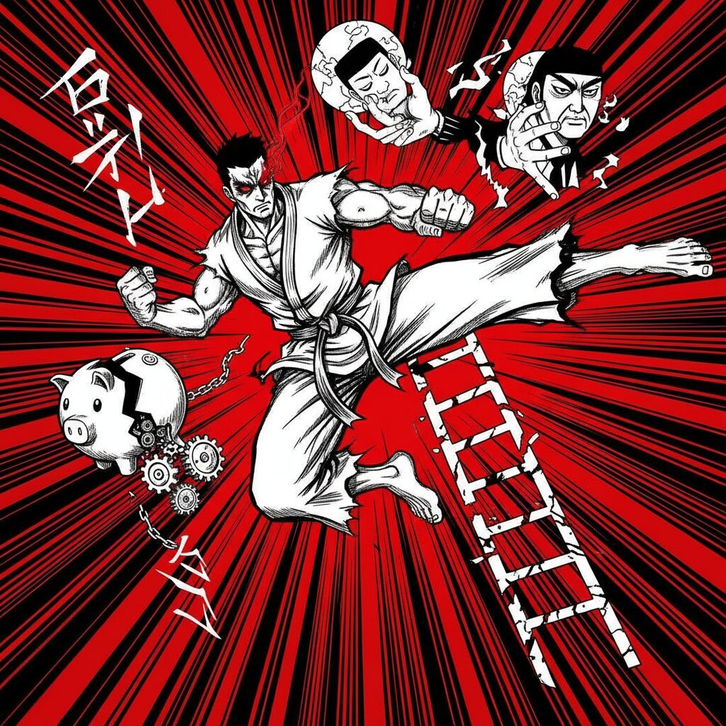 Dramatic manga-style martial arts illustration with intense red and black tones.