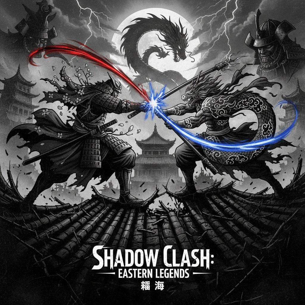 格闘技のシルエットと歴史的なシンボルが交錯するテコンダー朴をイメージしたビジュアル