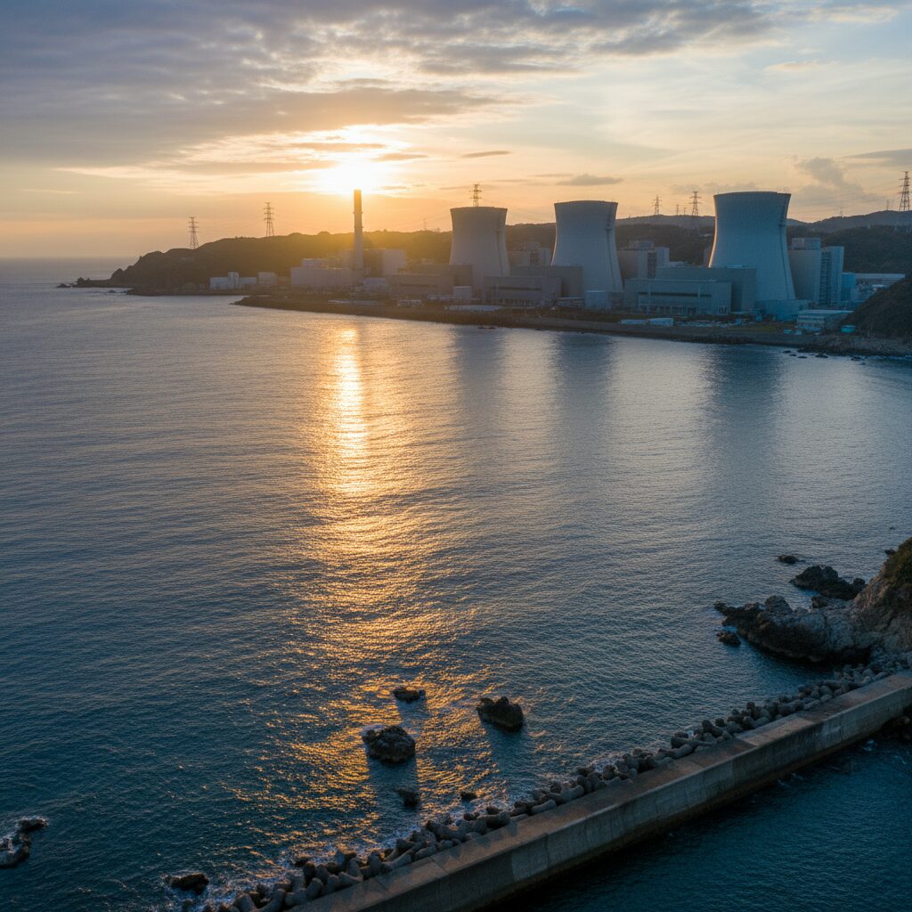 夜明けの柏崎刈羽原子力発電所の外観と周辺の風景