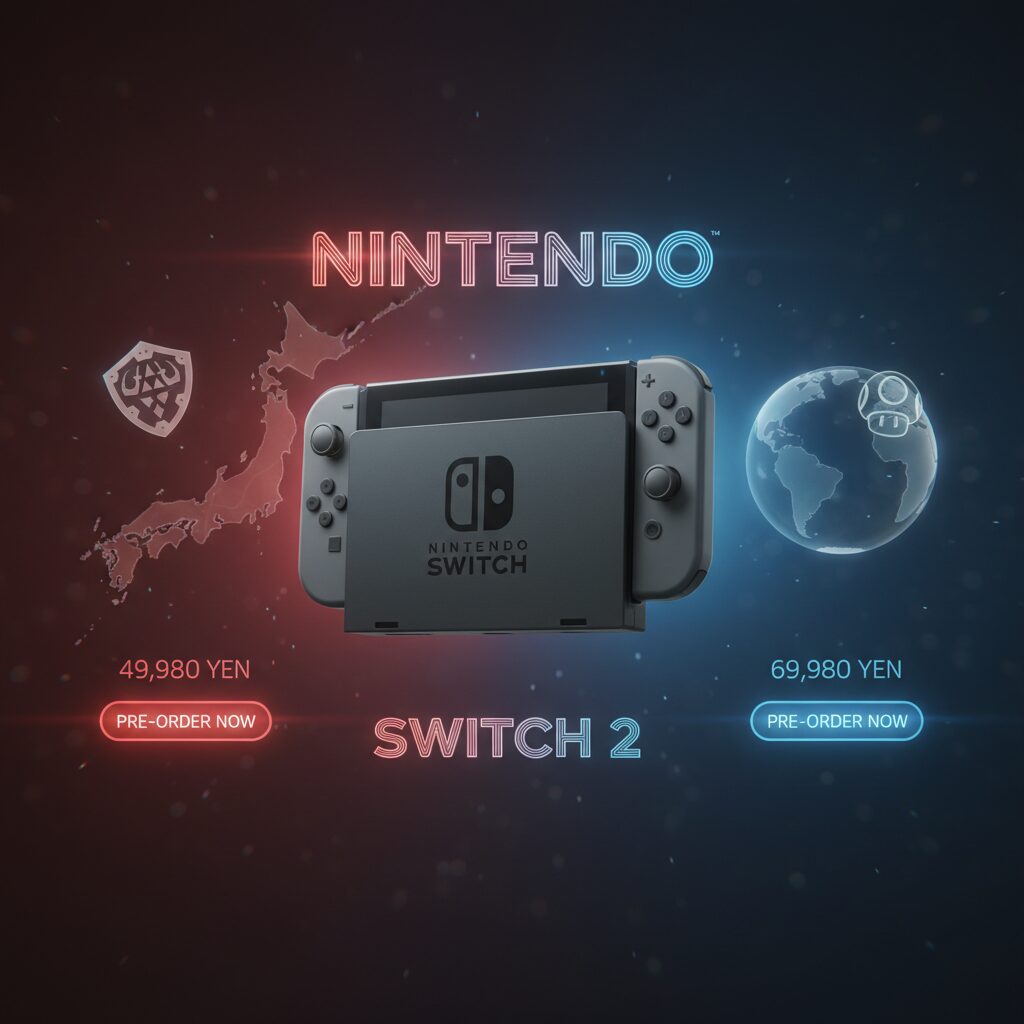 Nintendo Switch 2の日本語国内専用版と多言語対応版の価格と機能の違いを比較した視覚的なイメージ画像
