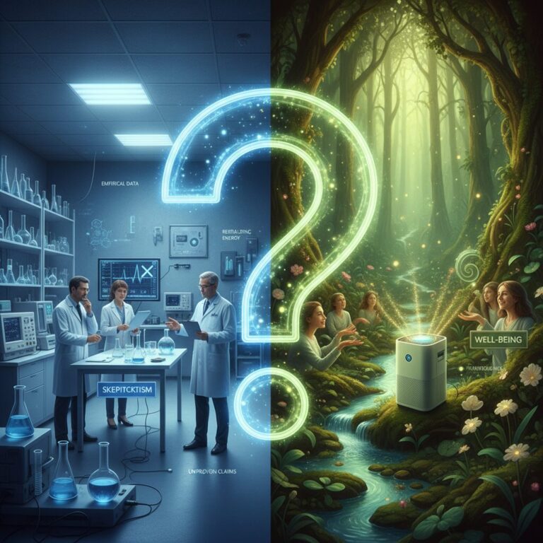 マイナスイオンの科学的根拠を巡る議論を表現した、科学とイメージの対比画像