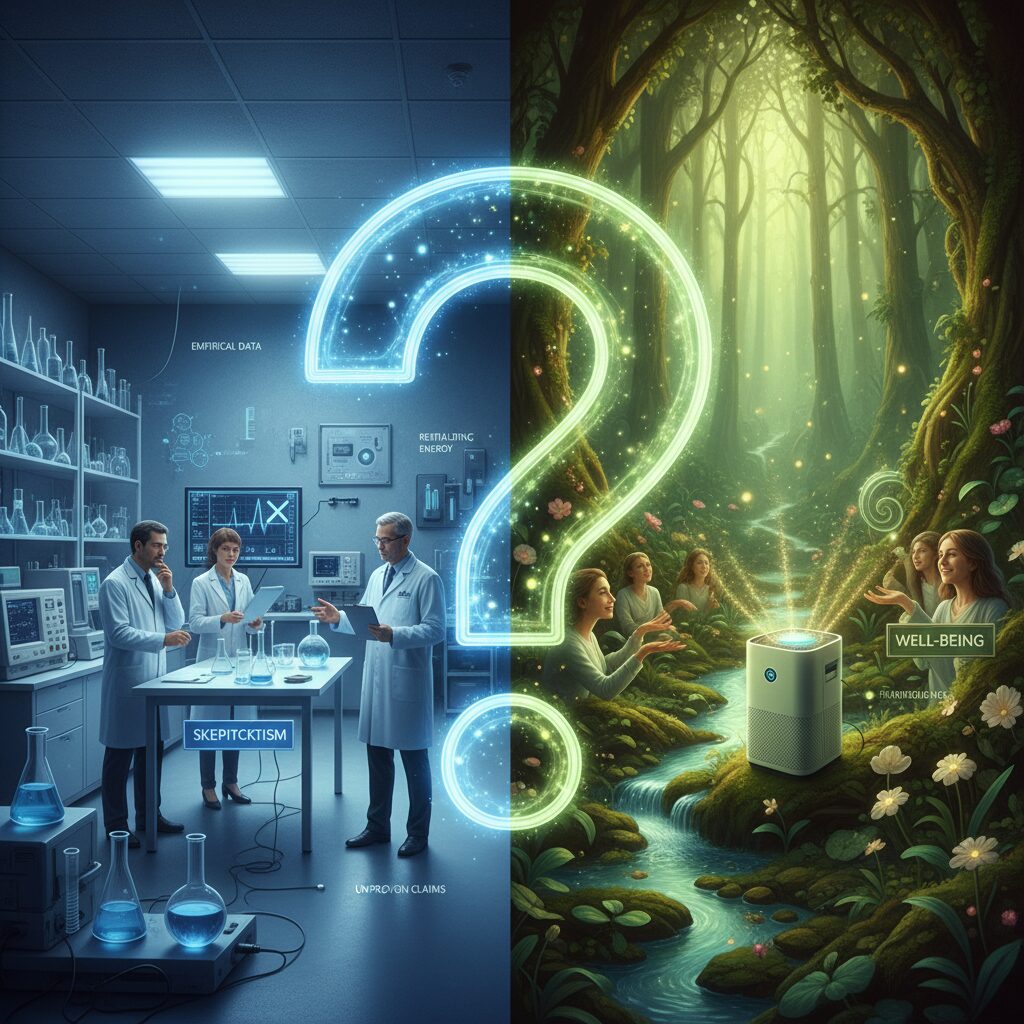 マイナスイオンの科学的根拠を巡る議論を表現した、科学とイメージの対比画像