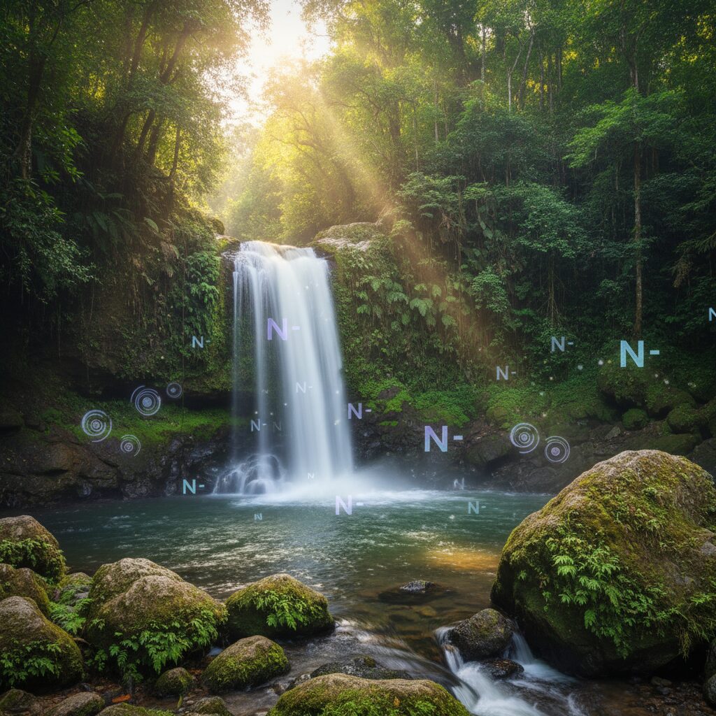 滝のある森林の風景と、科学的なイオンの動きを表現した抽象的なイメージ画像。