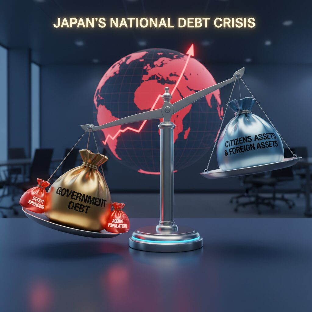 政府の負債と国民の資産が対等に並んでいる3Dイメージ画像