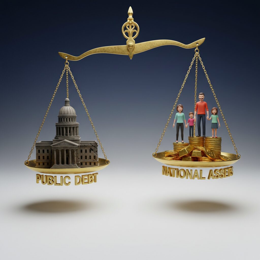 国の借金と国民の資産のバランスを示す天秤の3Dイラスト。政府と家庭の経済的な繋がりをイメージ。