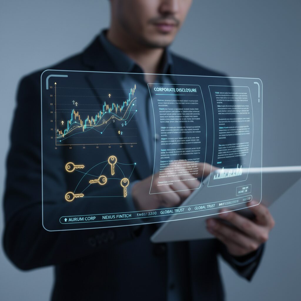 デジタルスクリーンに表示される株価チャートと適時開示の書類をイメージした画像