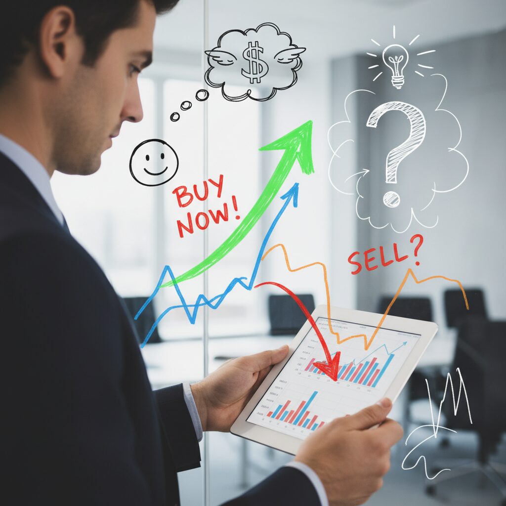 決算短信をタブレットで分析する投資家と株価チャートのイメージ