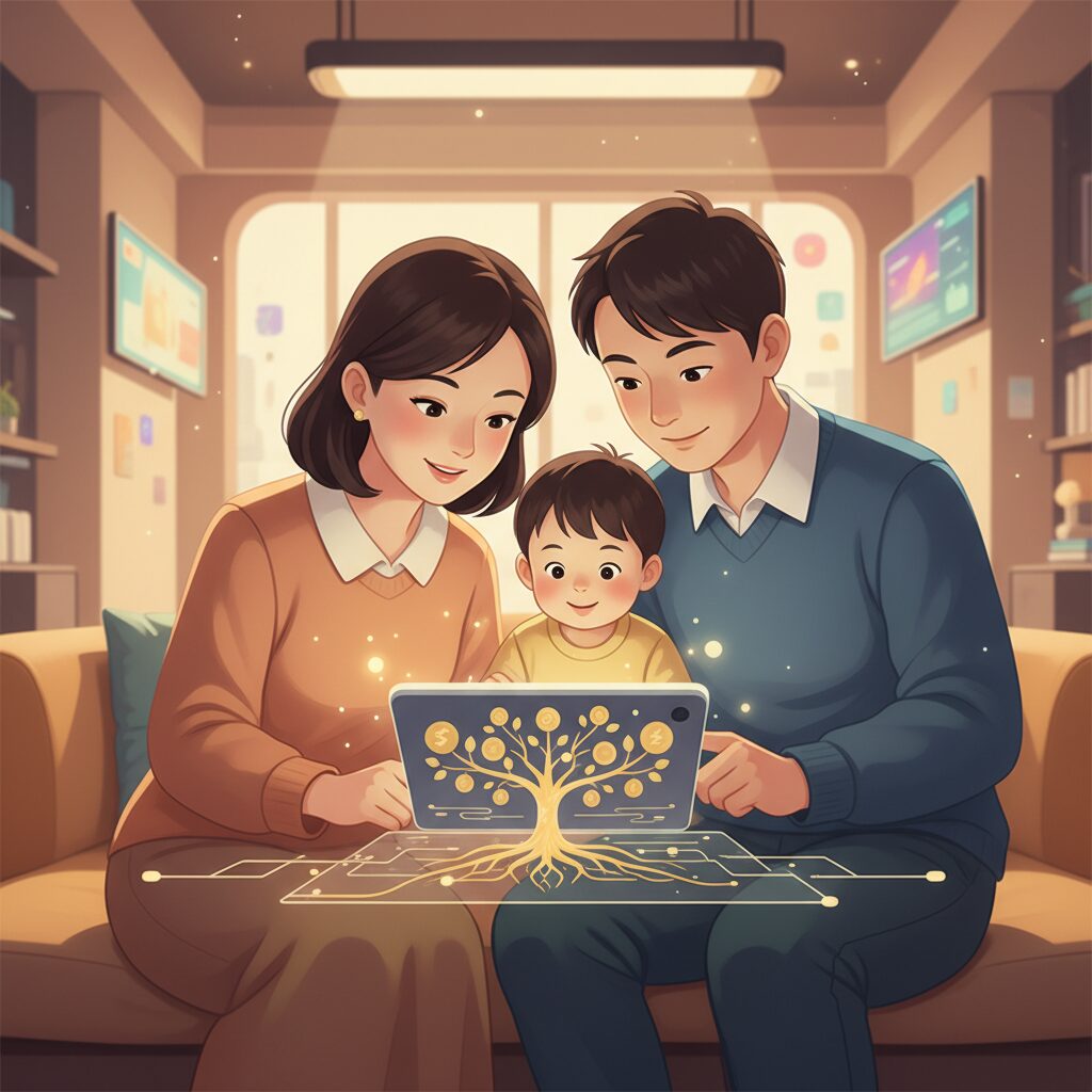 成長する金の木を見つめる日本の親子とデジタルタブレット。教育資金とこどもNISAをイメージしたイラスト。