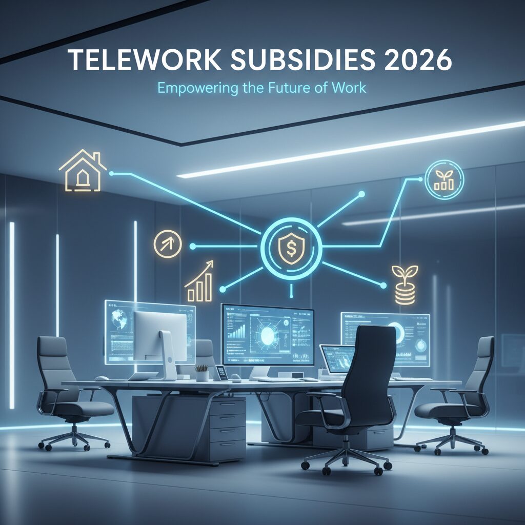 2026年の最新テレワーク助成金と企業の導入支援をイメージした、クリーンでモダンなビジネスオフィスのイラスト。ノートパソコンとデジタルツールが調和する様子。