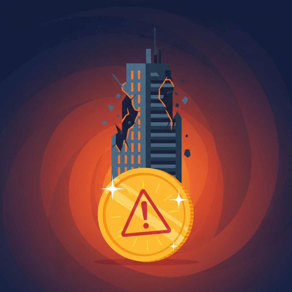 A business conceptual illustration of a real estate investment crisis showing a crumbling building silhouette and a warning sign on a gold coin.