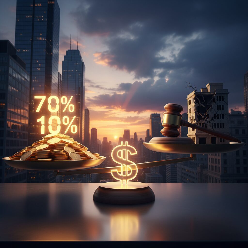 不動産の天秤、高利回りとリスクを象徴するイメージ画像