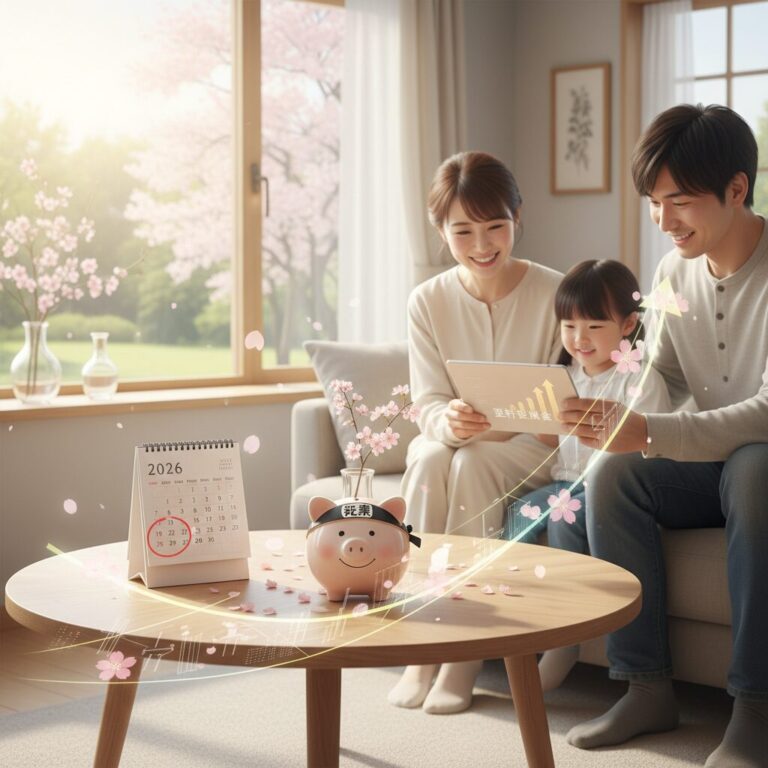 2026年度の現金給付金を象徴する家計と春の訪れをイメージした画像