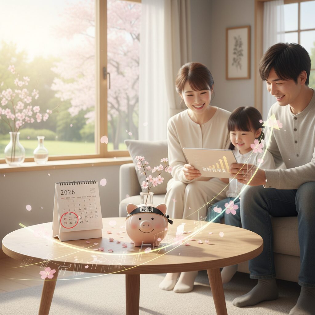 2026年度の現金給付金を象徴する家計と春の訪れをイメージした画像