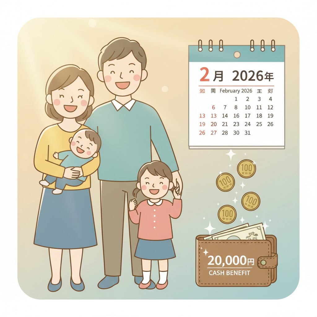 2万円給付金とカレンダー、そして笑顔の親子をイメージした温かみのあるイラスト