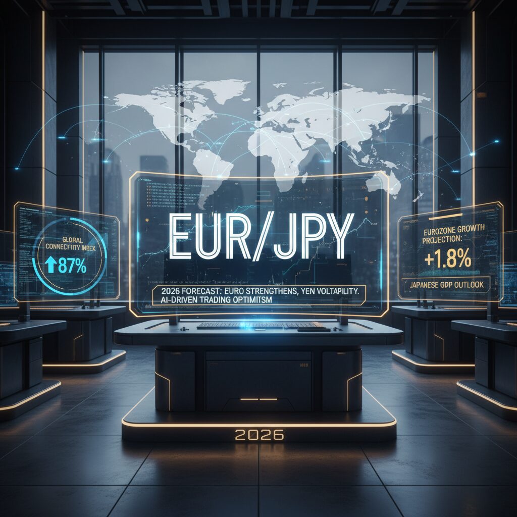 2026年のユーロ円為替相場をイメージした、東京と欧州の景観が融合したサイバーパンクなチャート画像
