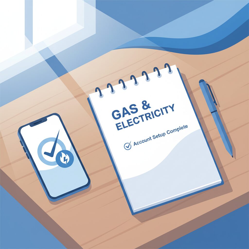 東京ガスの解約手続きをイメージした、スマートフォンと書類が並ぶ落ち着いたデスクの風景