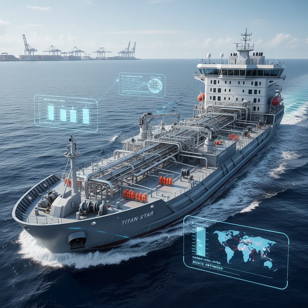A large chemical tanker vessel navigating through calm blue ocean waters under a clear sky with industrial safety equipment visible on deck.