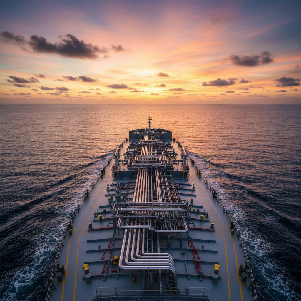 夕暮れの海を航行する複雑な配管設備を持つケミカルタンカーの全景