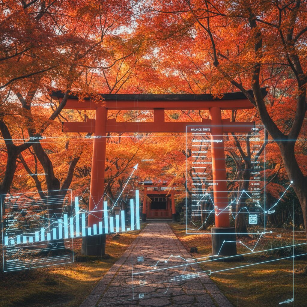 A peaceful traditional Japanese temple gate intertwined with modern tax and financial documents under warm sunlight.