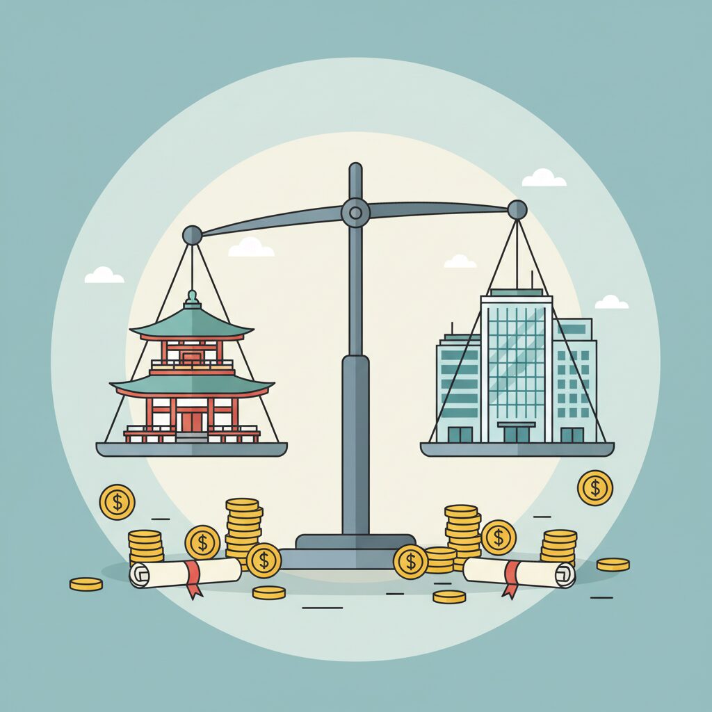 宗教法人の税金と収益事業の境界線を表現したバランスのイラスト