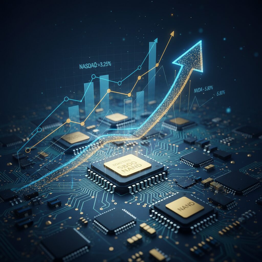 半導体チップと右肩上がりの株価チャートのイメージ画像