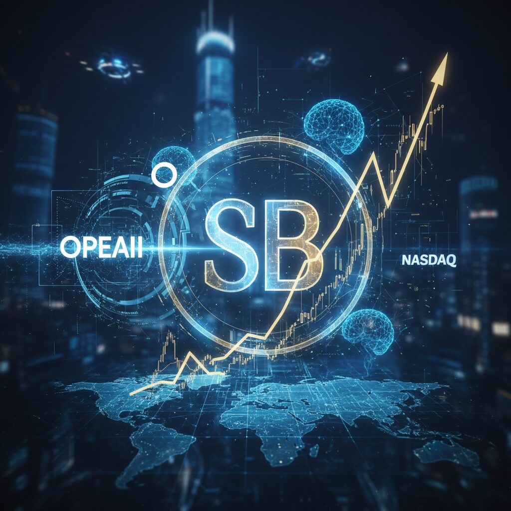 ソフトバンクグループの成長を象徴するAIとグローバル市場のイメージ図