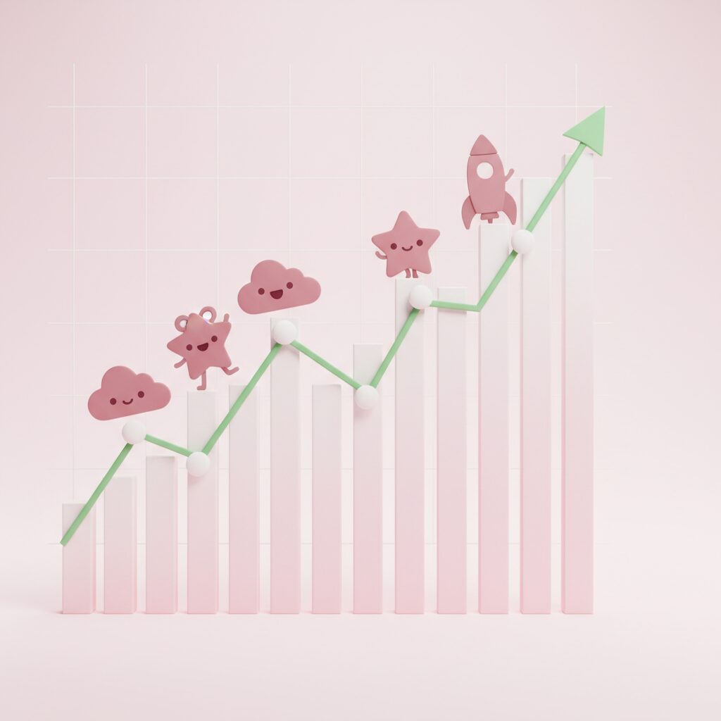 上昇する株価チャートと可愛らしいキャラクターのシルエットが融合したサンリオの株価動向をイメージしたアイキャッチ画像