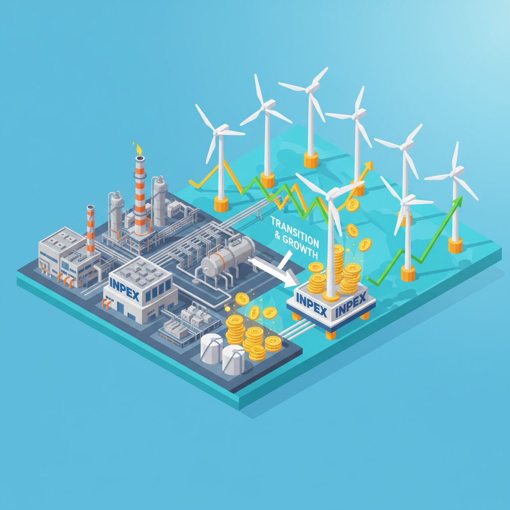 INPEXのエネルギー事業と上昇する株価チャート、配当を象徴する金貨のイラスト