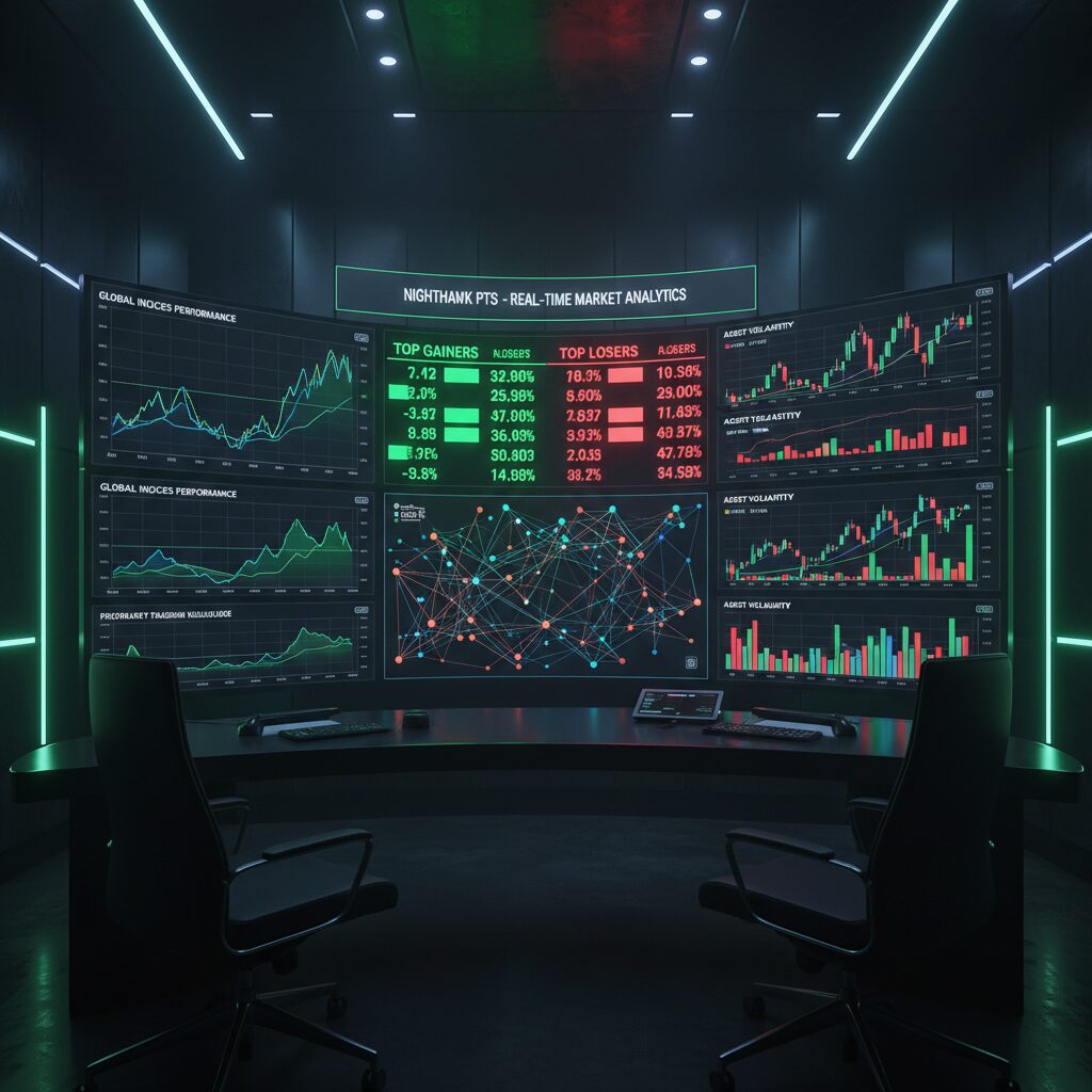 A futuristic financial data visualization showing glowing stock market rankings and charts on a dark digital screen, representing PTS trading.