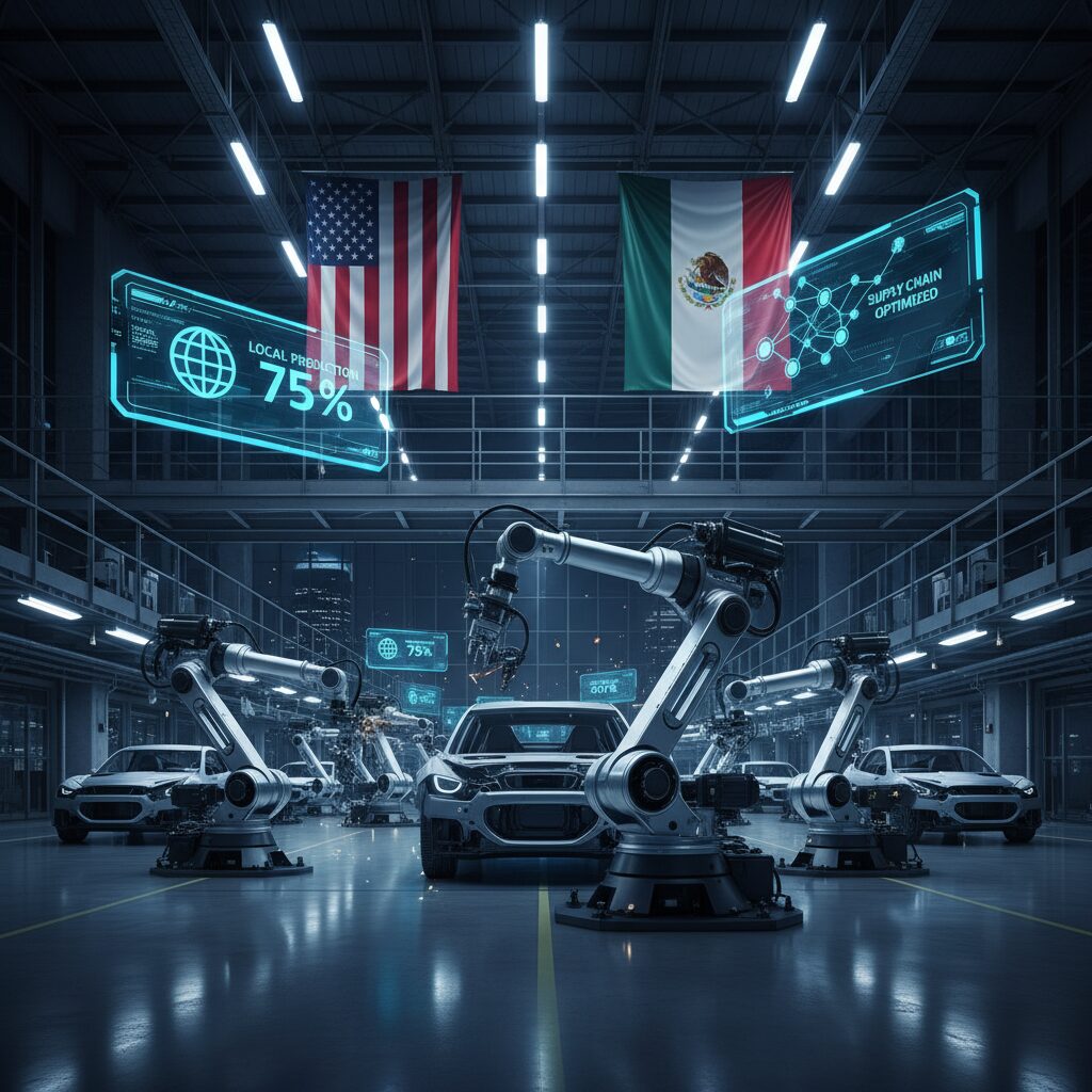 A modern automobile assembly line representing the USMCA trade agreement between the USA, Mexico, and Canada with flags and digital data overlays.