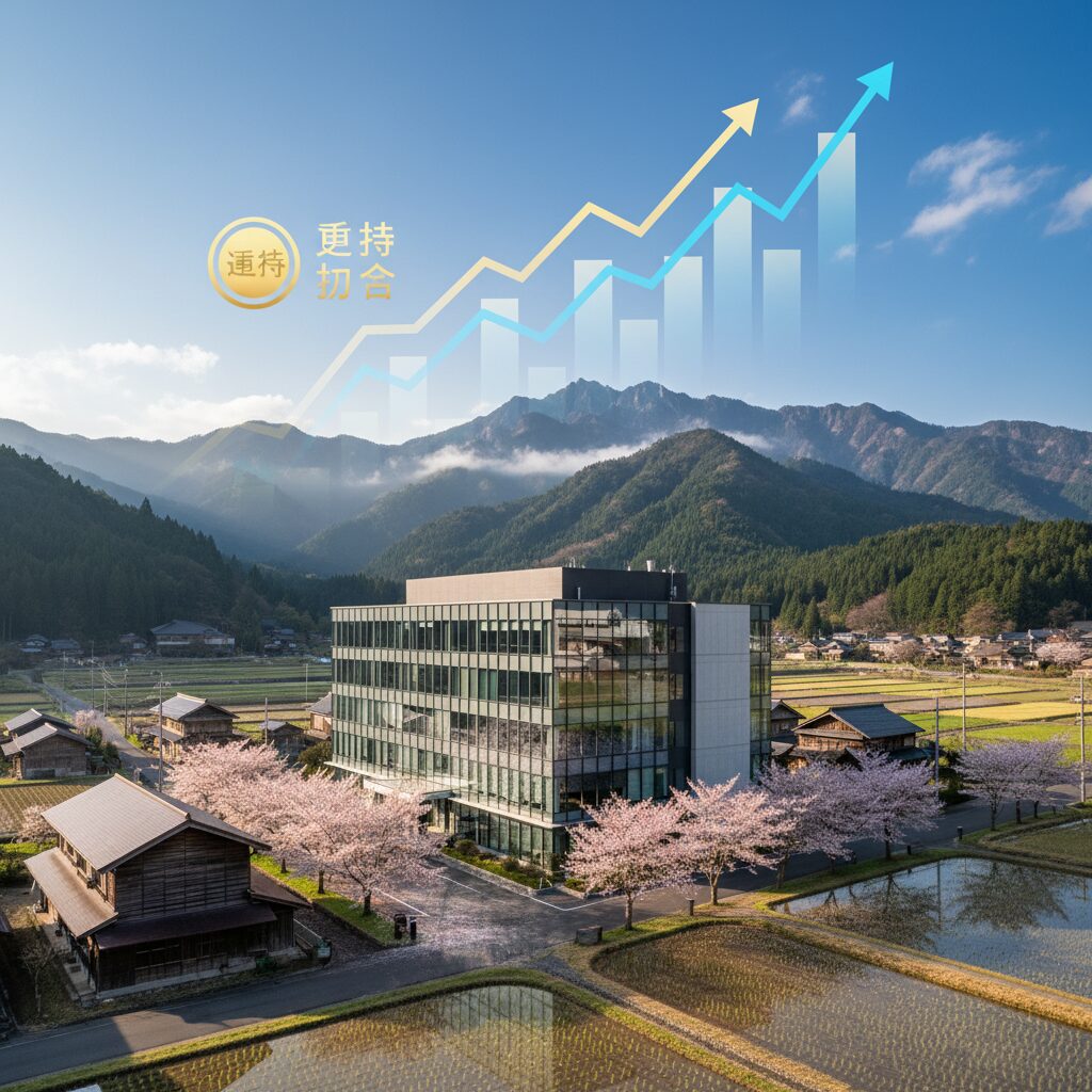 地方都市のビルと自然が調和し、補助金を象徴するコインやグラフが重なったイメージ画像