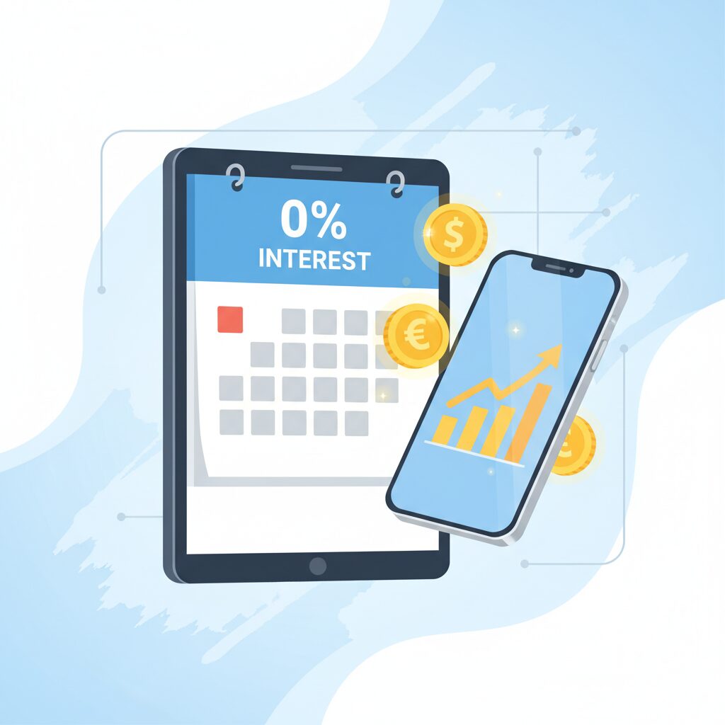 無利息期間を象徴する0%のアイコンとカレンダー、スマートフォンのイラスト