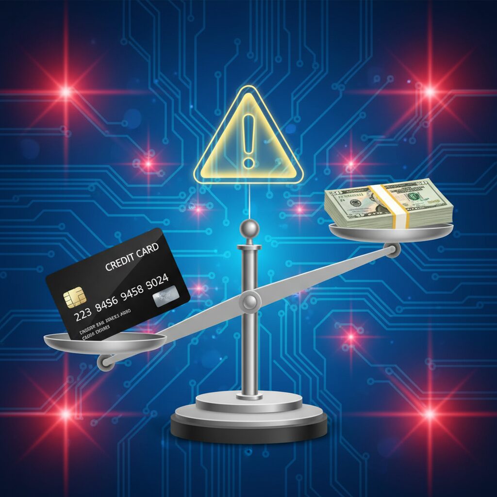 クレジットカードと現金のイメージ図。リスクを象徴する警告灯や天秤のイラスト。