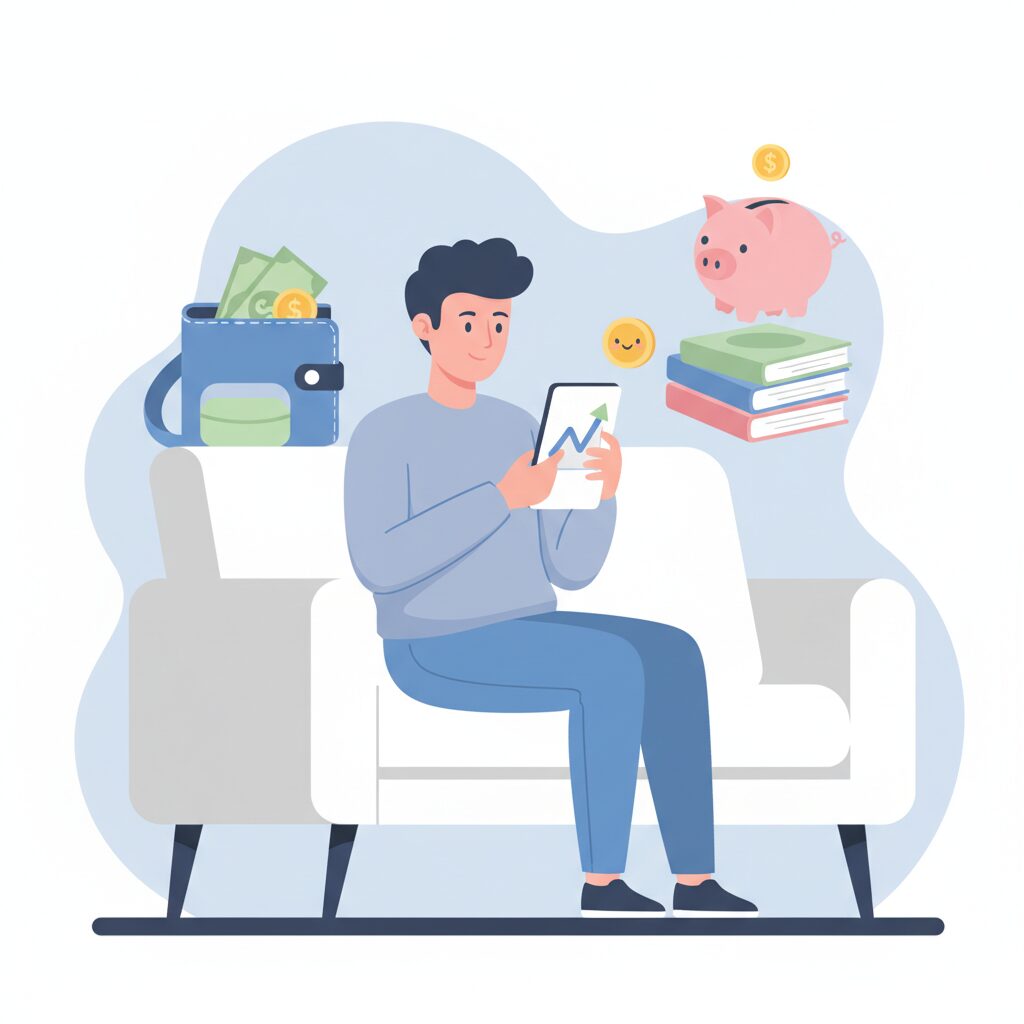 スマートフォンでカードローンの情報を確認する大学生のイラスト。背景には安全性をイメージさせるクリーンなデザイン。