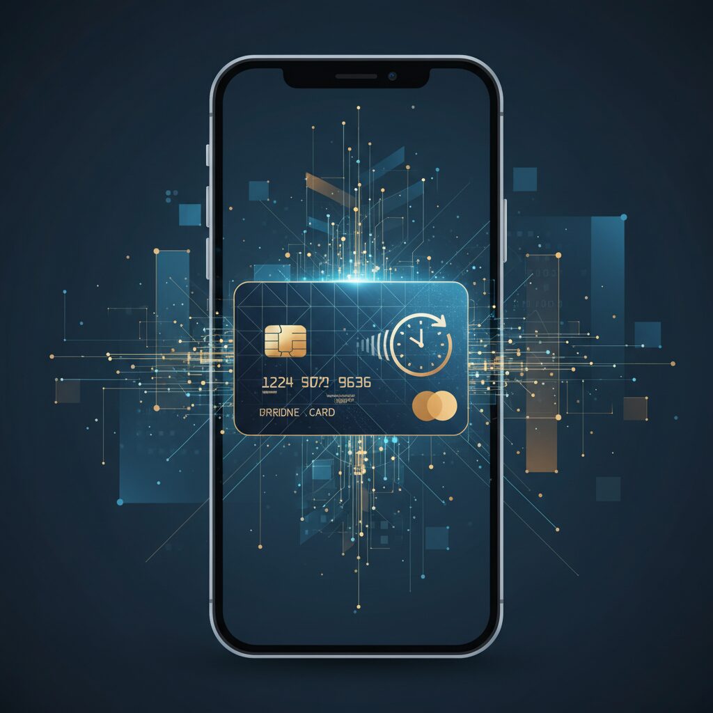 スマートフォンに表示されたデジタルクレジットカードとスピードを示す時計のアイコン
